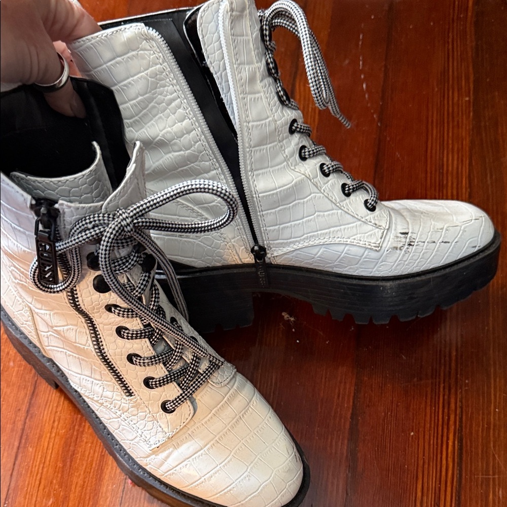 Guess White Croc-Embossed Lace-Up Boots